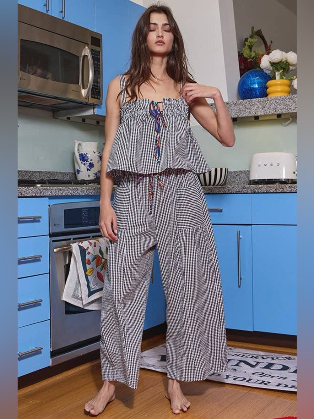 BucketList Inc Black Seersucker Gingham Print Drawstring Set Size Large $92